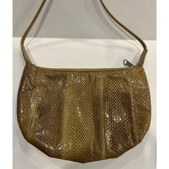 Clemente Vintage Snake Skin Shoulder Purse Tan / Brown With Strap Zipper Closure - Picture 5 of 16